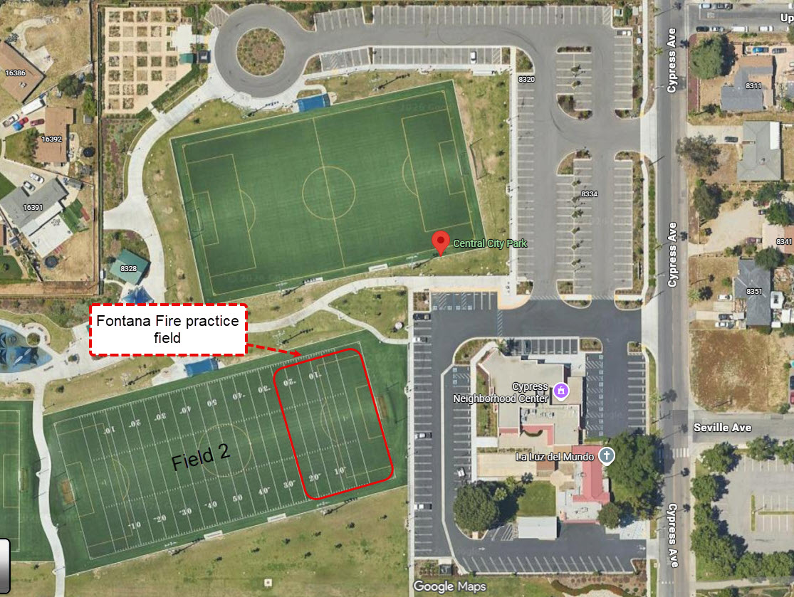 Youth soccer practice field at Central Park used by Fontana Fire FC